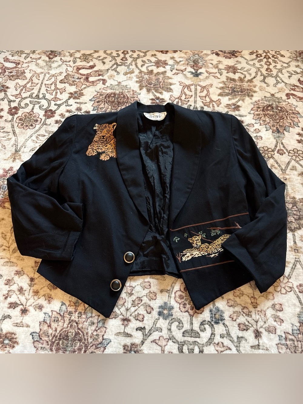 Vintage D Frank Cropped Black Women's Jacket with Leopard Embroidery